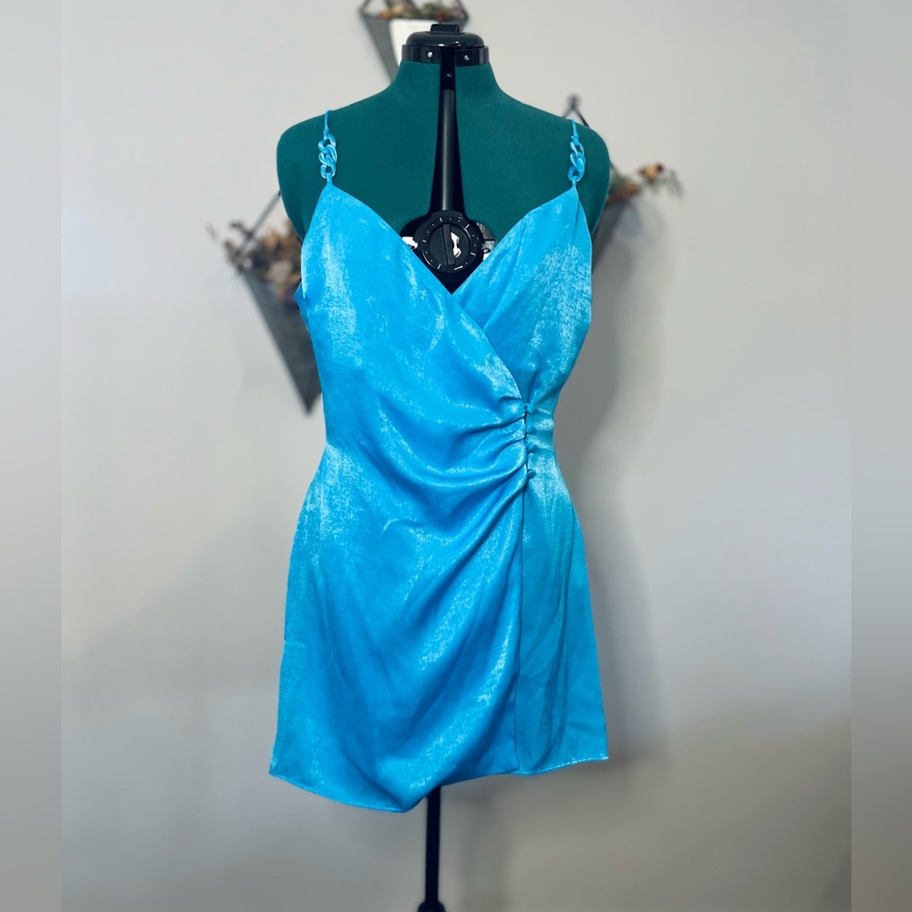 NWT Zara Blue Ruched Mini Dress with Button Detail